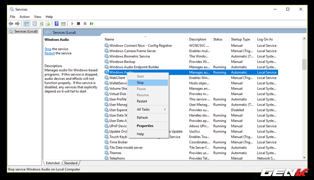  Khi hộp thoại Windows Services xuất hiện, bạn hãy tìm đến “Windows Audio” và nhấp phải chuột vào nó rồi chọn “Stop”. Chờ vài giây để Windows tiến hành ngưng hoạt động của Audio Services lại. 
