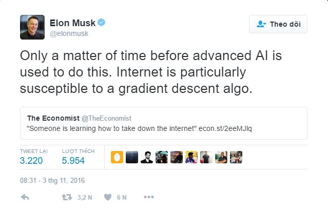 Musk bày tỏ lo ngại về AI trên Twitter