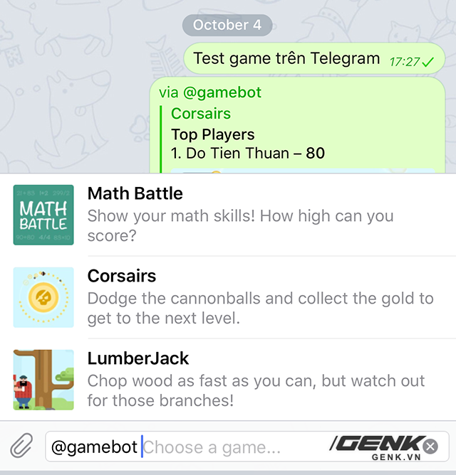  Gõ lệnh @gamebot để chọn game trong Telegram. 