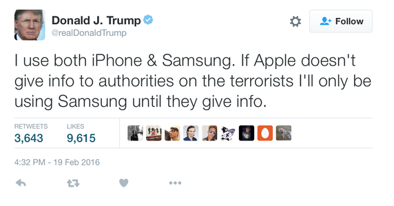  Tôi dùng cả iPhone lẫn Samsung. Nếu Apple không cung cấp thông tin mở khóa chiếc iPhone của kẻ khủng bố thì tôi sẽ chỉ dùng điện thoại của Samsung cho tới khi họ chịu cung cấp thông tin 