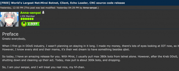  Bài đăng của Anna-Senpai trên diễn đàn Hackforums, trong đó có đường link để tải mã nguồn của Mirai. 