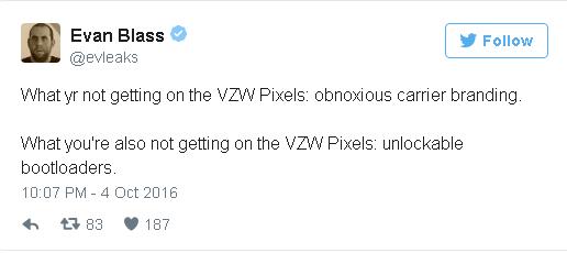  Tiết lộ của Evan Blass khẳng định Google Pixel của nhà mạng Verizon sẽ không thể mở khóa bootloader. 