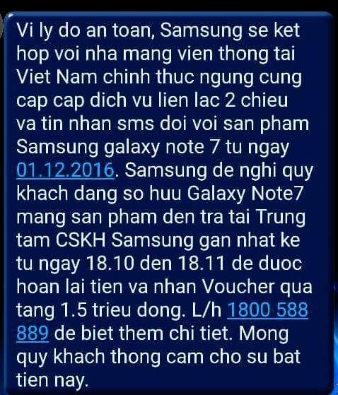  Tin nhắn SMS người dùng nhận được về việc Galaxy Note7 sẽ bị khóa mạng sau ngày 01/12 