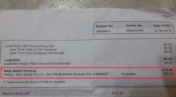 Hóa đơn của một người dùng di động Singapore bị trừ tiền dịch vụ giá trị gia tăng từ Sam Media