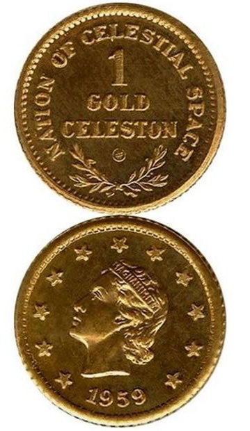 Mặt trước và sau đòng 1 Celeston vàng của quốc gia Celestia.