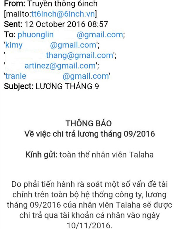  Thông tin 6Inch nợ lương bị đăng tải trên website Talaha.vn. Anh Võ khẳng định, mail là giả mạo. 