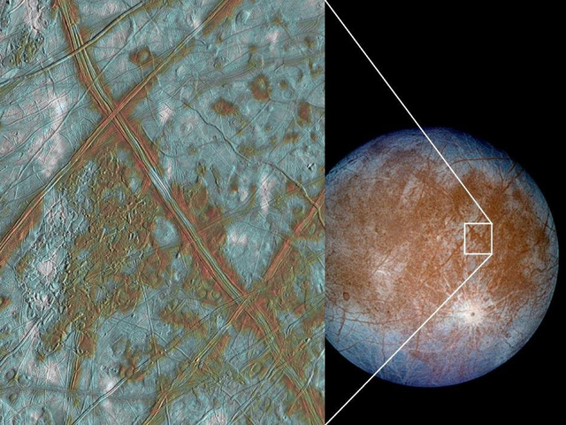  Hình ảnh chụp lại trên bề mặt Europa - chằng chịt vết nứt vỡ. 