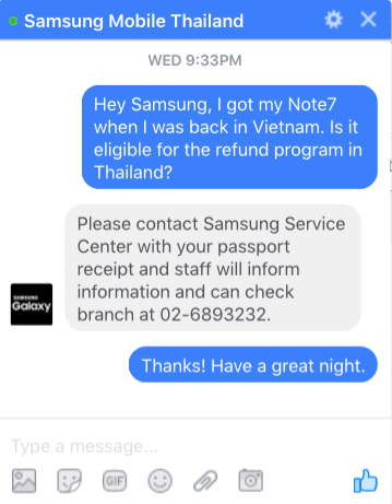  Đoạn chat của chúng tôi với Samsung Thái Lan qua Facebook 