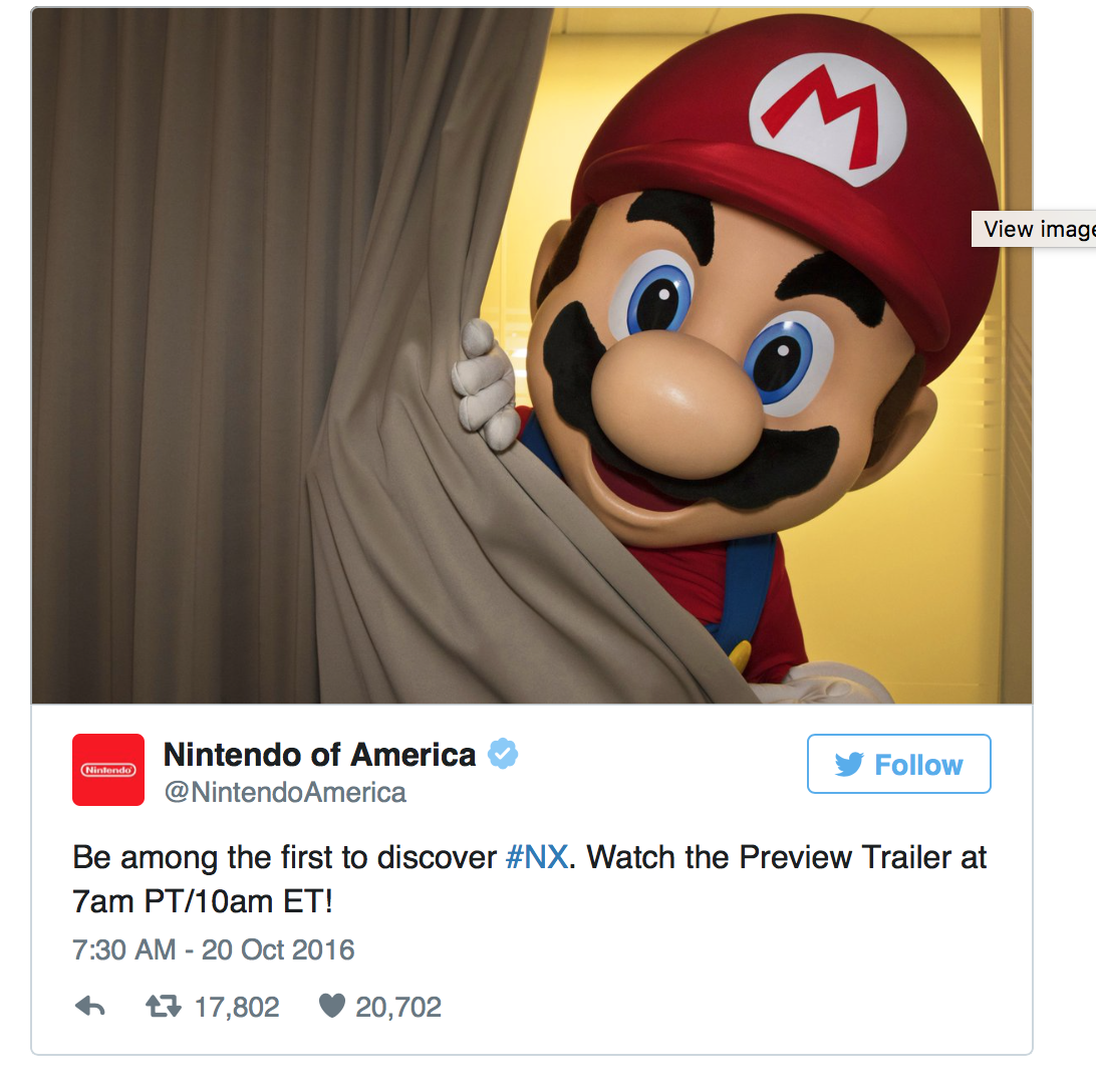 Đoạn tweet thông báo ra mắt máy chơi game NX.