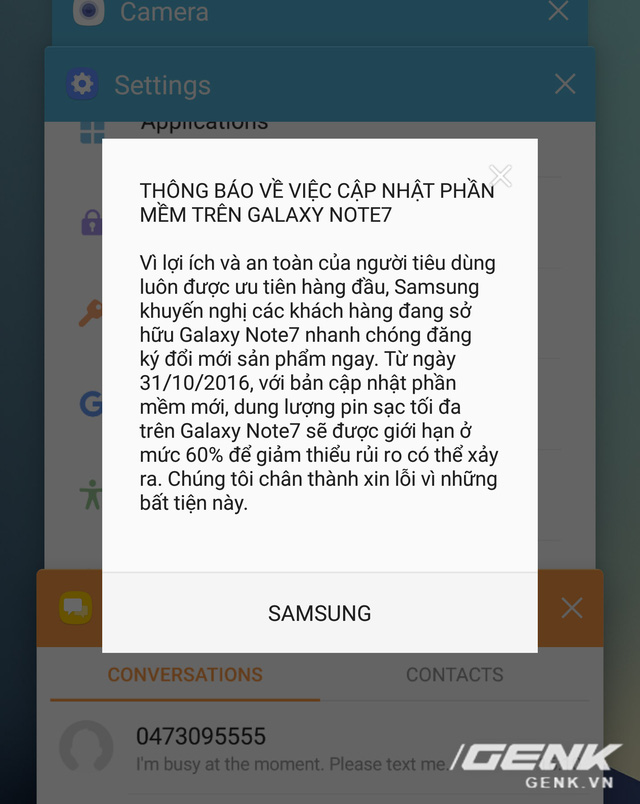  Note7 tại Việt Nam bị hạn chế sạc pin ở mức 60%​ 