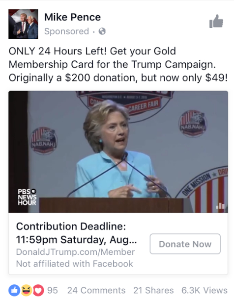  Một mẫu quảng cáo kêu gọi đóng góp tiền cho cuộc vận động tranh cử của Trump qua page của ứng viên Phó tổng thống đảng Cộng hòa Mike Pence 