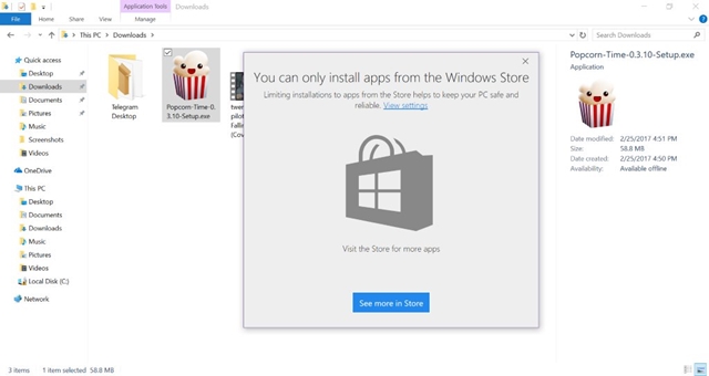  Thông báo ngăn chặn việc cài đặt phần mềm trên Windows 10 Insider Preview Build 15046. 