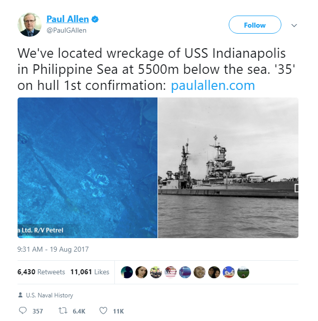  Chúng tôi đã tìm thấy xác con tàu USS Indianapolis tại Biển Philippine tại độ sâu 5.500m dưới mặt nước biển. Số 35 là bằng chứng xác nhận đầu tiên. 