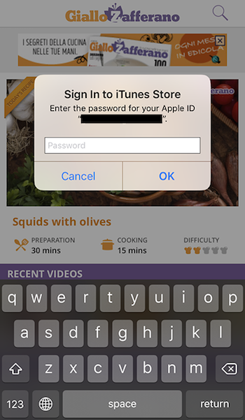  Hộp thoại đòi mật khẩu Apple ID bất ngờ xuất hiện khi Lorenzo sử dụng ứng dụng Giallo Zafferano. 