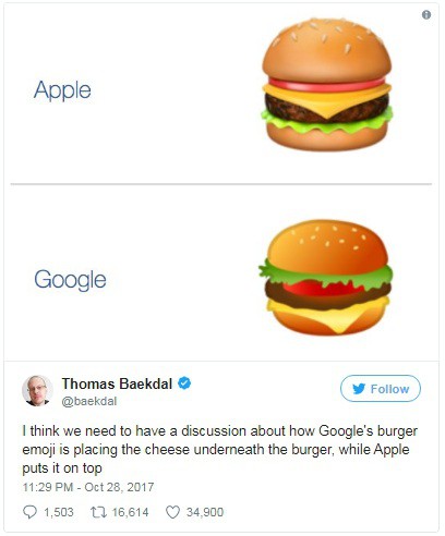  Người dùng Twitter Thomas Baekdal đã phát hiện ra điểm khác biệt trong thiết kế emoji burger của Google. 