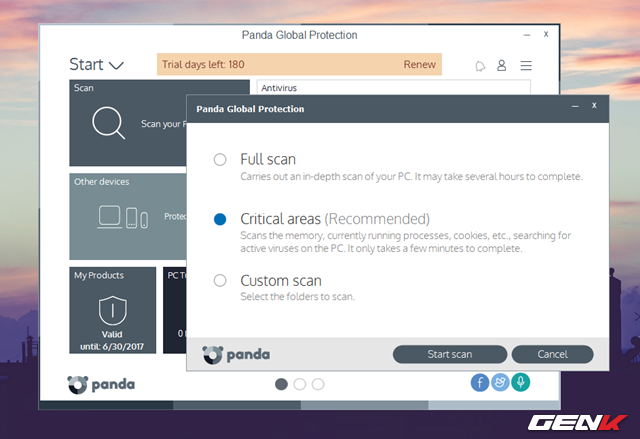  Để thực hiện việc kiểm tra tình trạng hệ thống, bạn hãy nhấp vào lựa chọn “Scan your PC”. Khi đó bạn sẽ được Panda Gold Protection cung cấp 3 lựa chọn quét rất quen thuộc. 