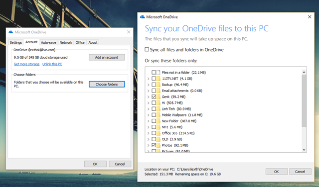  Khi nhấp vào lựa chọn “Choose folders”, bạn sẽ được cung cấp danh sách các thư mục chứa dữ liệu hiện tại trên OneDrive. Từ đây bạn có thể lựa chọn các thư mục mà mình muốn để đồng bộ với máy tính. 