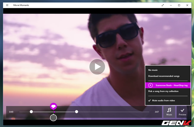  Khi đã chọn xong, bài hát sẽ được thêm vào đoạn video. Tuy nhiên, điều bạn cần làm tiếp theo là đánh dấu vào lựa chọn Mute audio from video để tắt đi âm thanh của đoạn video gốc. Như đã nói ở trên, Movie Moments không như Windows Live Movie Maker, ứng dụng này chỉ hỗ trợ người dùng hiệu chỉnh một đoạn video ngắn tối đa 1 phút nên bạn cần cân nhắc lựa chọn đoạn video mình ưng ý nhất trước khi lưu lại. 