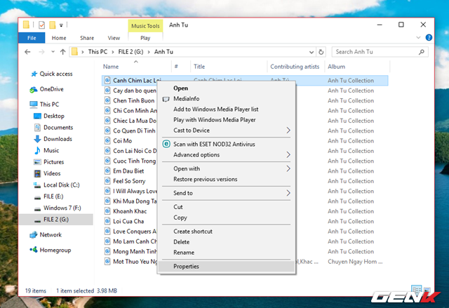 
Khởi động File Explorer lên và nhấp phải chuột vào tập tin hoặc thư mục nào đó, chọn Properties.
