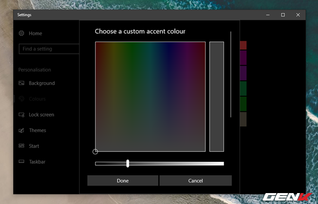  Tại đây, bạn sẽ được cung cấp một số các lựa chọn màu sắc thông dụng để lựa chọn. Nếu muốn Windows 10 tự thay đổi màu chủ đạo dựa theo hình nền, bạn hãy đánh dấu vào lựa chọn “Automatically pick an accent color from my background”. Còn nếu muốn tự mình lựa chọn màu sắc theo ý muốn, hãy nhấp vào “Custom colour”. 