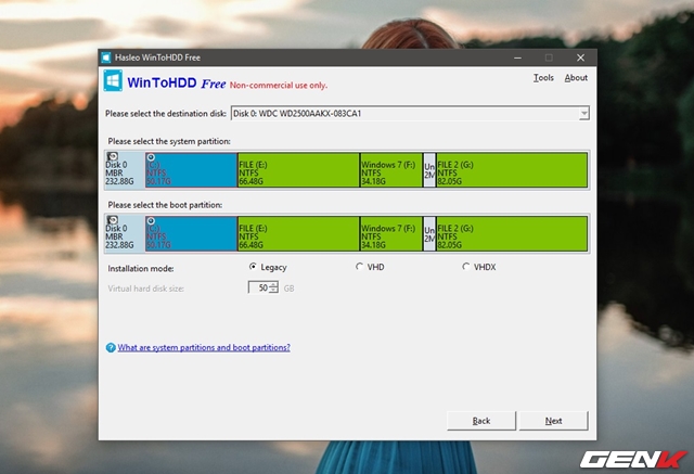  Bước 8: Tiếp theo, WinToHDD sẽ tự động chọn đúng phân vùng hệ thống để cài đặt. Nếu bạn muốn chọn phân vùng khác theo ý mình, hãy nhấp vào đó. Sau đó nhấn Next. 