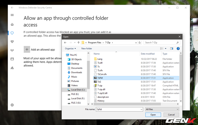  Bước 8: Nhấp vào “ ” và tìm đến tập tin EXE của phần mềm mà bạn cho phép nó thao tác ở thư mục mà bạn đã chọn bảo vệ tại Protected Folders. 