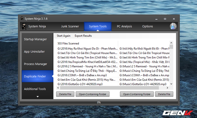  Sau khi quá trình quét kết thúc, System Ninja sẽ liệt kê danh sách các tập tin trùng lập và cung cấp lựa chọn xóa và lựa chọn truy cập nhanh vào thư mục chứa để người dùng có thể xem xét. 