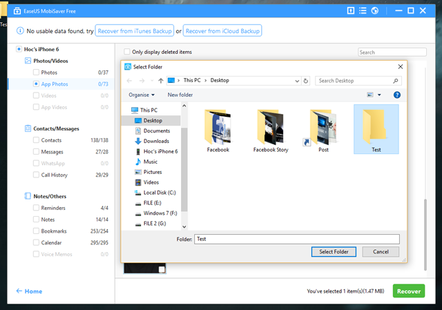 
Cửa sổ lựa chọn vị trí lưu lại các ảnh được khôi phục xuất hiện, bạn hãy chọn thư mục mình muốn và nhấn “Select Folder”.
