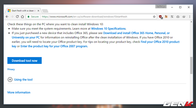  Tùy chọn này sẽ mở ra trình duyệt web và truy cập thẳng vào trang “Start fresh with a clean installation of Windows 10”. Bây giờ, hãy nhấp vào “Download tool now”. 
