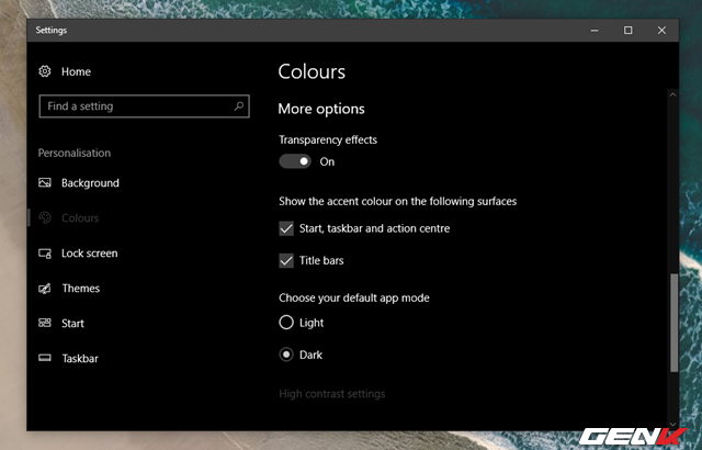  Ngoài ra, Microsoft còn cung cấp cho người dùng một số các thiết lập màu sắc mở rộng như cho phép áp dụng hiệu ứng trong suốt với lựa chọn “Transparency effects”. Cho phép áp dụng màu chủ đạo cho các yếu tố về giao diện người dùng bổ sung ở một số khu vực như Start, taskbar, action center và title bar. Và cuối cùng là lựa chọn chế độ màu cho các ứng dụng. 