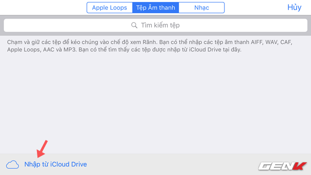  Nhấp vào tab “Tệp Âm thanh” và nhấp vào dòng “Nhập từ iCloud Drive”. 