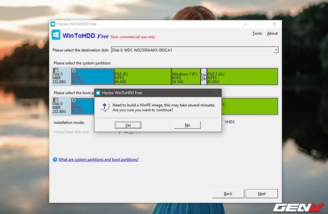  Bước 9: Thông báo yêu cầu cho phép WinToHDD tiến hành tải và cài đặt WinPE, bạn hãy nhấn Yes để xác nhận vì đây là bước cần thiết để WinToHDD có thể làm việc. 