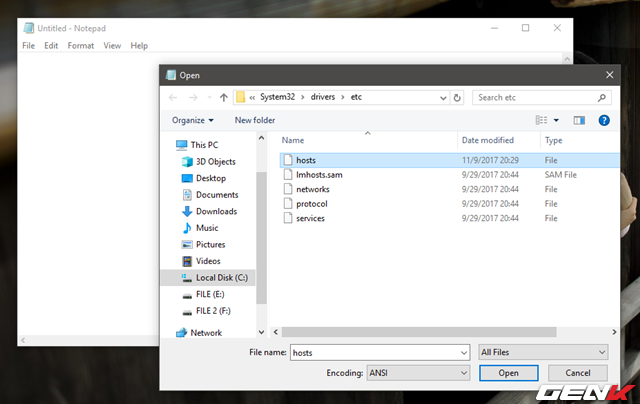  Bước 3: Tìm đến đường dẫn “C:\Windows\System32\drivers\etc”, nhấp chọn “All Files” và nhấp mở tập tin “hosts”. 