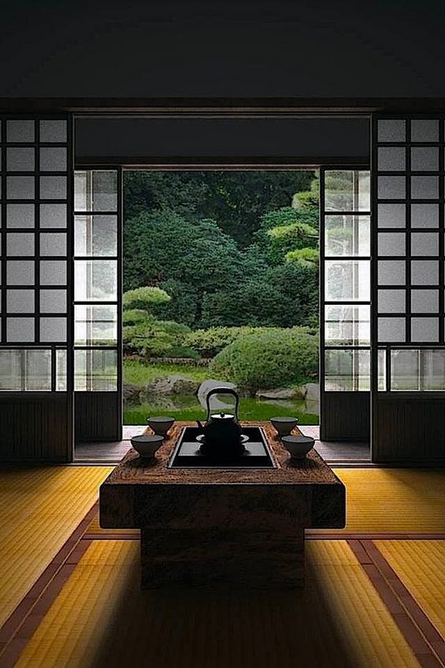  Một căn phòng Nhật Bản, với trần thấp, cửa giấy, tatami và trà đạo. Nó là tinh túy trong quan niệm sống của người Nhật. Người Nhật Bản xưa kia tôn sùng vẻ đẹp của bóng tối, họ cho rằng những “sắc tối” có trong đồ sơn mài, đồ gốm, hay được hình thành do sự sử dụng lâu ngày sẽ đem lại cho món đồ của họ có một giá trị tuyệt vời của thời gian. Trong một không gian “thiền“ như vậy, ánh sáng góp một vai trò phụ đạo, nhưng lại rất quan trọng trong việc thể hiện tinh thần của một không gian tối giản tối thiểu. 