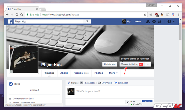  Sau khi cài đặt xong, bạn hãy tắt và khởi động lại Google Chrome, sau đó truy cập vào tài khoản Facebook của mình và nhấn vào lựa chọn “View Activity Log” (Xem nhật ký hoạt động). 