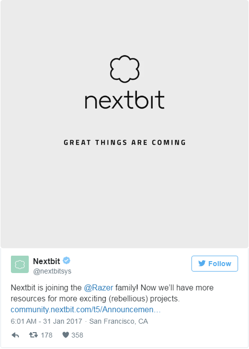 Nextbit thông báo việc gia nhập Razer trên Twitter