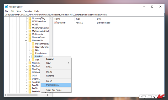  Nhấn phải chuột vào “Profiles” và chọn “Permissions”. 