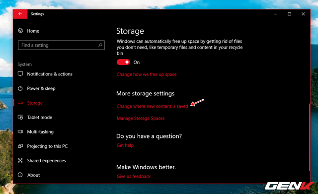  Trong Storage, hãy tìm và nhấp vào dòng thiết lập “Change where new content is saved” ở bên dưới More storage settings. 