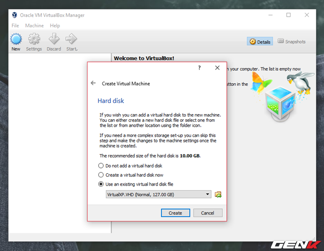  Ở phần Hard Disk, hãy đánh dấu vào lựa chọn “Use an existing virtual hard disk file” và tiến hành điều hướng đến gói tin “VirtualXP” trong thư mục Windows XP Mode mà chúng ta vừa xả nén phía trên. 