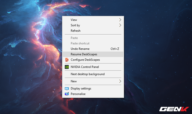  Khi nào muốn ngưng, bạn chỉ việc nhấn phải chuột vào desktop và chọn “Pause/Resume DeskScapes”. 