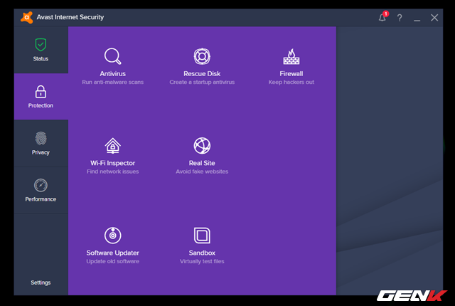  Avast Internet Security 2017 có 3 nhóm chức năng chính, và mỗi nhóm là các tính năng phụ khác nhau được sắp xếp khá dễ hiểu. Đây là nhóm chức năng “Protection” với các lựa chọn quét và thiết lập hệ thống bảo mật. 