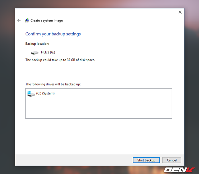  Cuối cùng, bạn chỉ việc nhấp vào “Start Backup” để việc khởi tạo System Image được bắt đầu. 