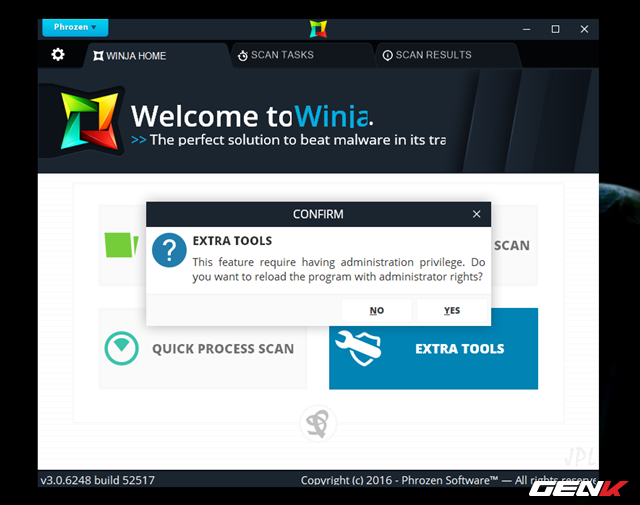  Winja cũng cung cấp cho người dùng lựa chọn can thiệp chuyên sâu vào hệ thống thông qua lựa chọn “Extra Tools”. Tuy nhiên, bạn cần cấp phép cho việc khởi chạy Winja với quyền quản trị cao nhất (ở đây chọn “Yes”). 
