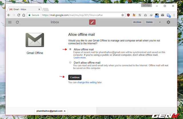  Và đánh dấu vào lựa chọn “Allow offline mail”, rồi nhấn “Continue”. 