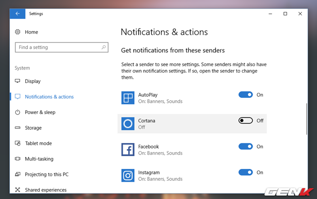  Mở ứng dụng Settings và truy cập vào System. Sau đó, bạn hãy tìm đến nhóm thiết lập Notifications & Actions. Tại đây, bạn hãy tìm đến Get notifications from these senders và gạt sang OFF ở các ứng dụng mà bạn muốn nhận quảng cáo về nó là xong. 