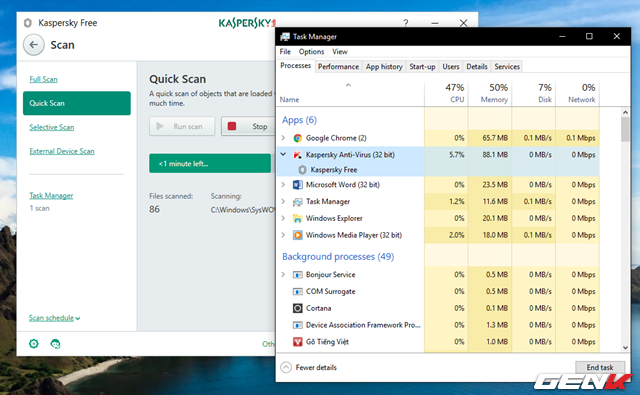  Mức độ ngốn tài nguyên của Kaspersky Free ở lựa chọn Quick Scan khá ổn phải không? 
