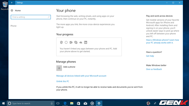  Trong “Phone”, bạn sẽ được cung cấp tùy chọn liên kết chiếc smartphone iOS hay Android của mình với máy tính chạy Windows 10 Fall Creators thông qua các ứng dụng được cung cấp bởi Microsoft. Tuy nhiên, có vẻ dịch vụ này vẫn chưa hoạt động. 