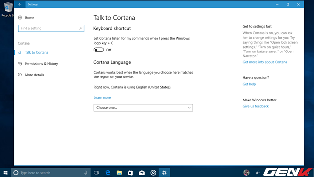  Phần thiết lập của Cortana đã được di chuyển vào Settings, mang đến cho người dùng một giao diện thiết lập trống trải và dễ điều hướng hơn. 