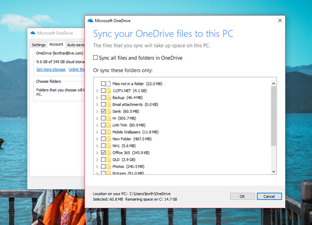  Bỏ đánh dấu ở lựa chọn “Sync all files and folders in OneDrive”, sau đó bạn hãy lựa chọn đánh dấu vào thư mục mà mình muốn đồng bộ với máy tính để sử dụng. 