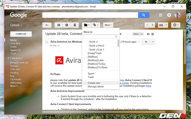  Mở một email tiêu biểu và bất kỳ, sau đó nhấn vào biểu tượng Move to và chọn “Create new” để tạo một nhãn (Lable) nhận biết cho email. Khi đó, các email từ địa chỉ được dán nhãn sẽ tự động hiển thị ở khu vục nhãn mà bạn thiết lập. 